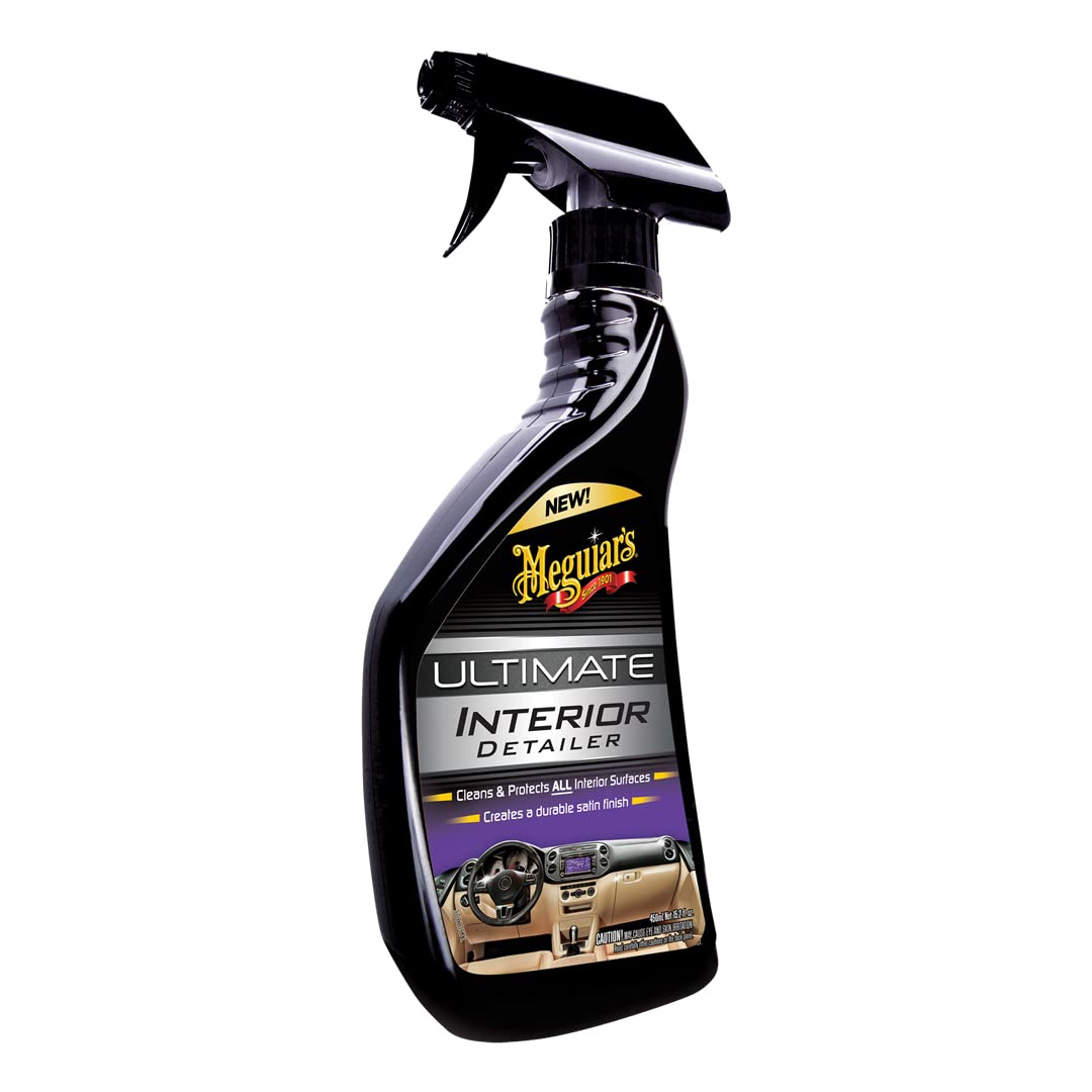 Meguiar's Ultimate Interior Detailer spray bottle delivers a satin finish and UV protection.