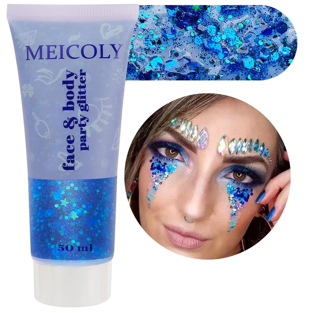MEICOLY blue face glitter gel bottle showing vibrant festival sparkle for parties