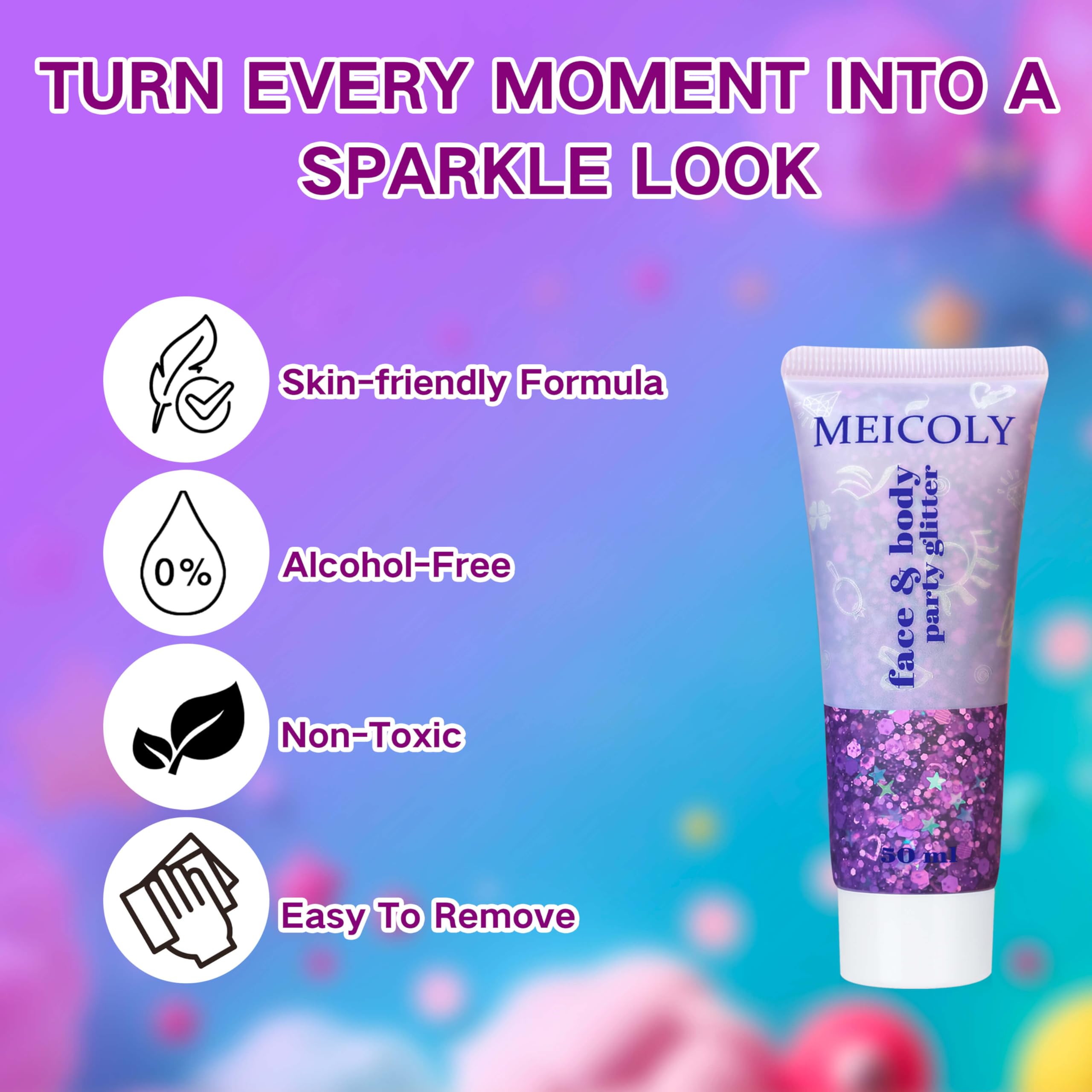 Meicoly glitter for eyes and hair offers long-lasting sparkle