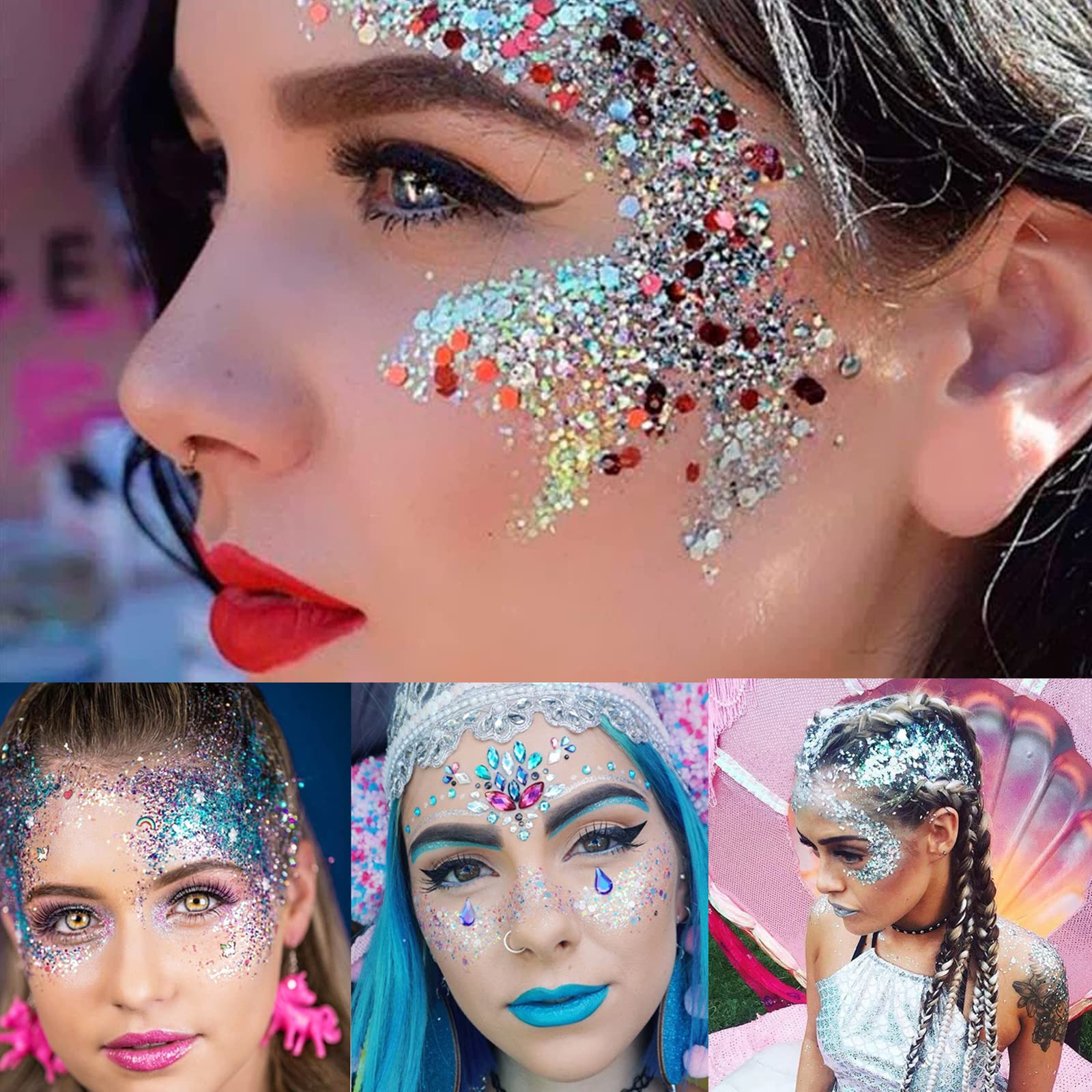 MEICOLY festival makeup look featuring bold blue glitter for visibility