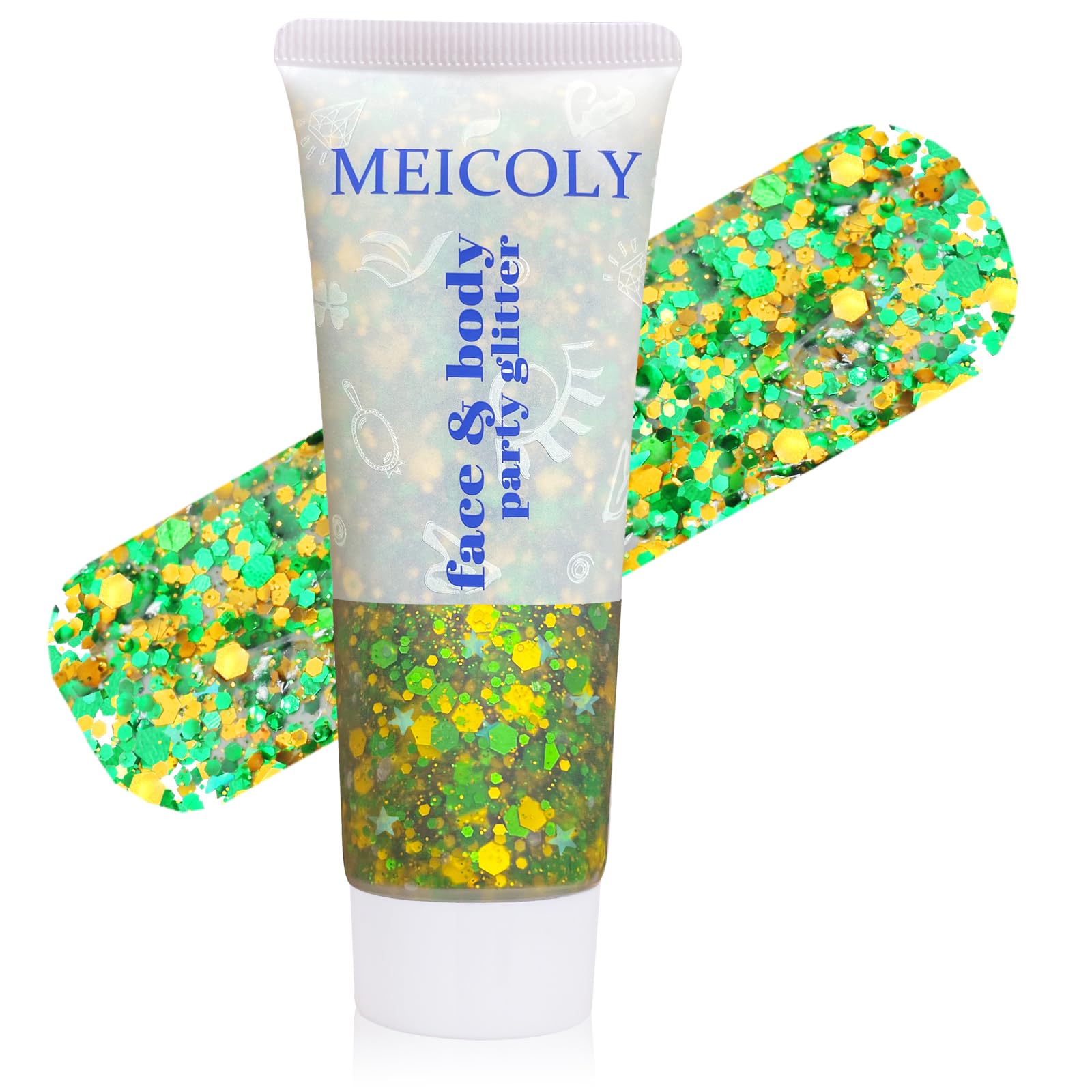 MEICOLY gold-green face glitter for a bold Mardi Gras look