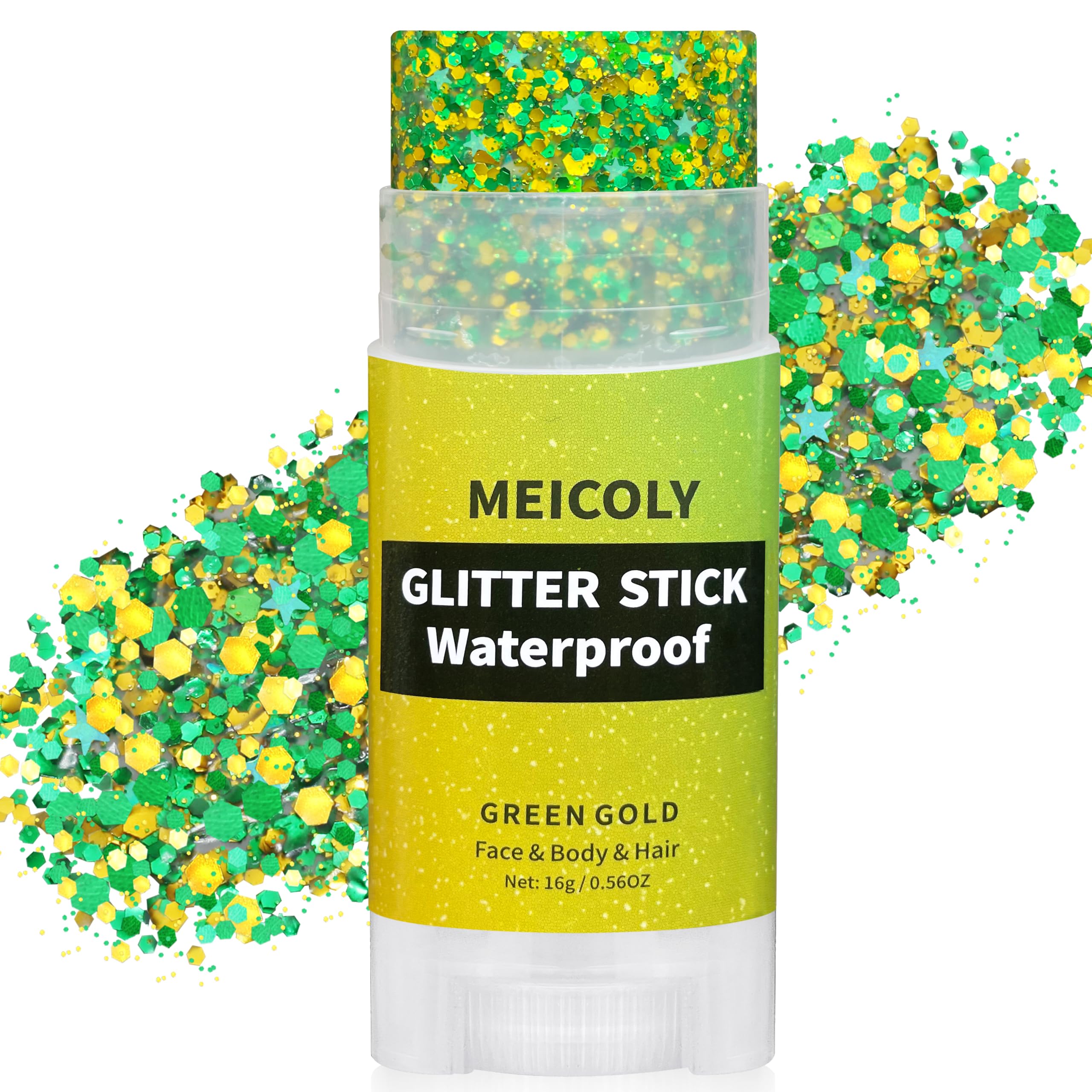 MEICOLY gold-green face glitter stick adds bold shimmer for St Patrick's Day looks.