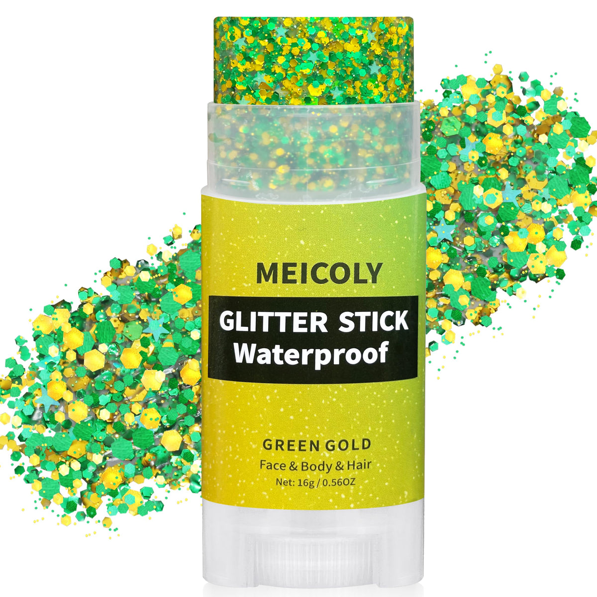 MEICOLY gold-green face glitter stick adds bold shimmer for St Patrick's Day looks.