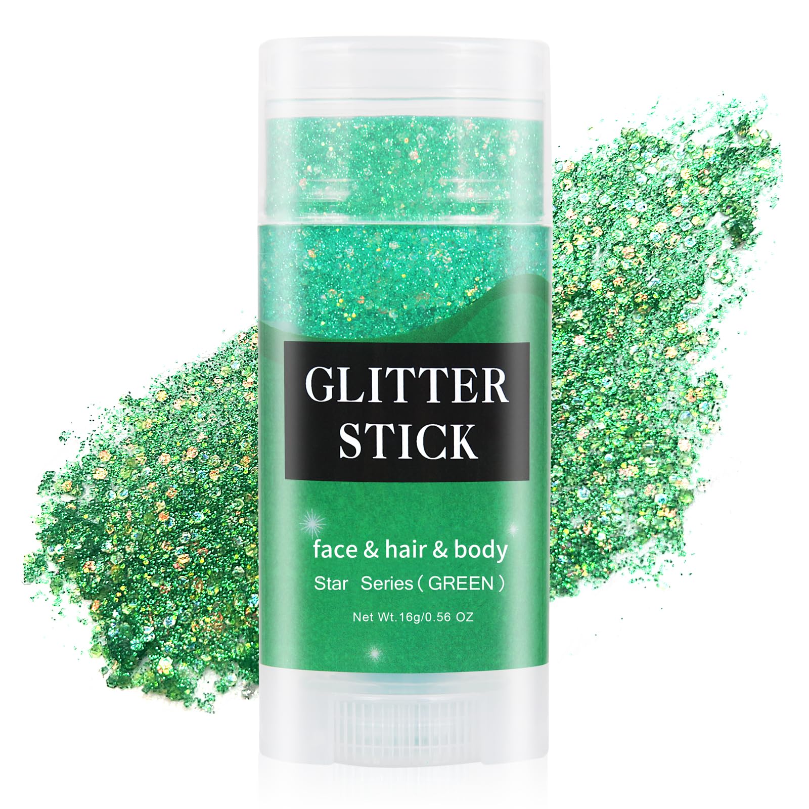 MEICOLY Green Face Glitter Stick applied for precise, fast sparkle on the skin.