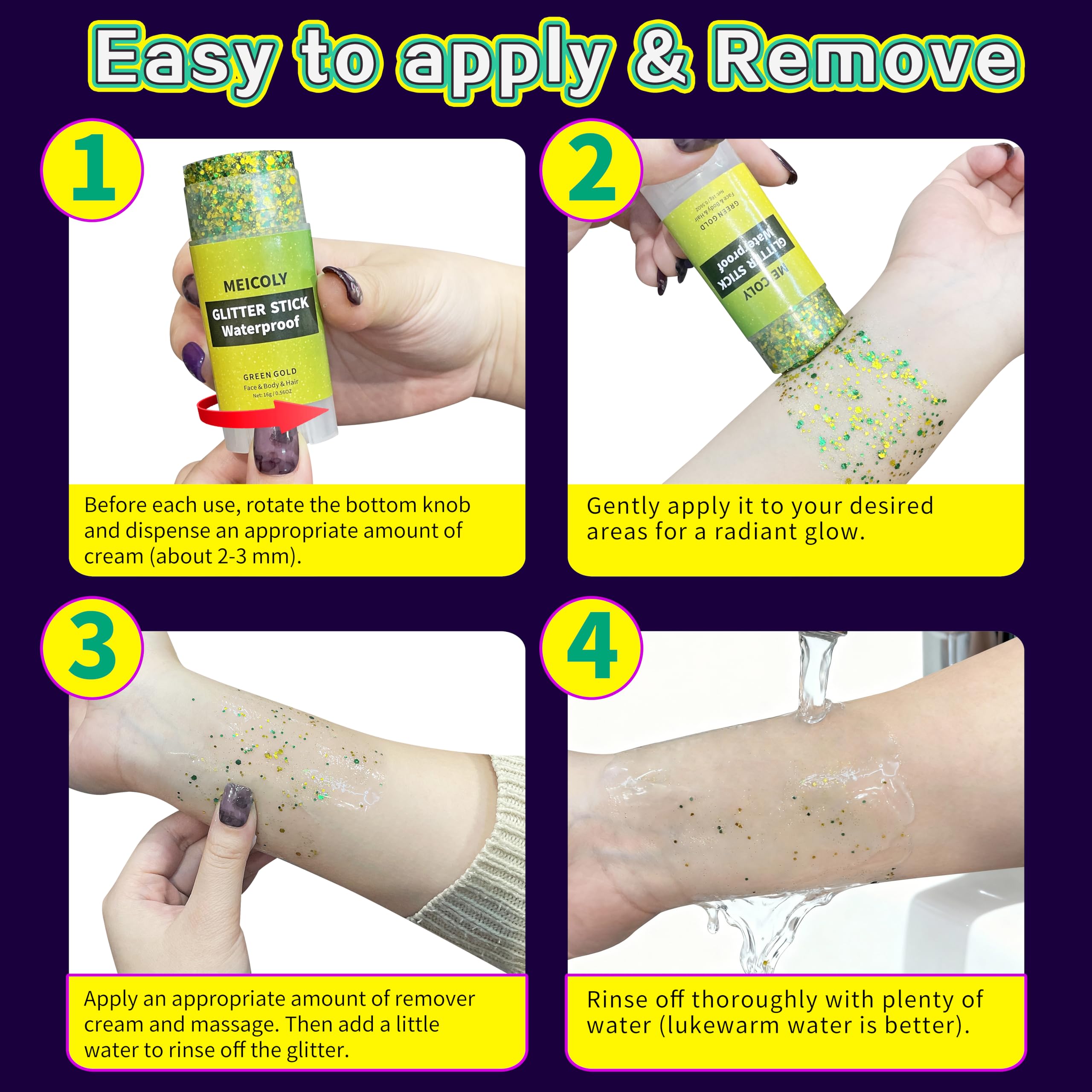 MEICOLY Green Glitter Stick uses twist applicator for easy layering.