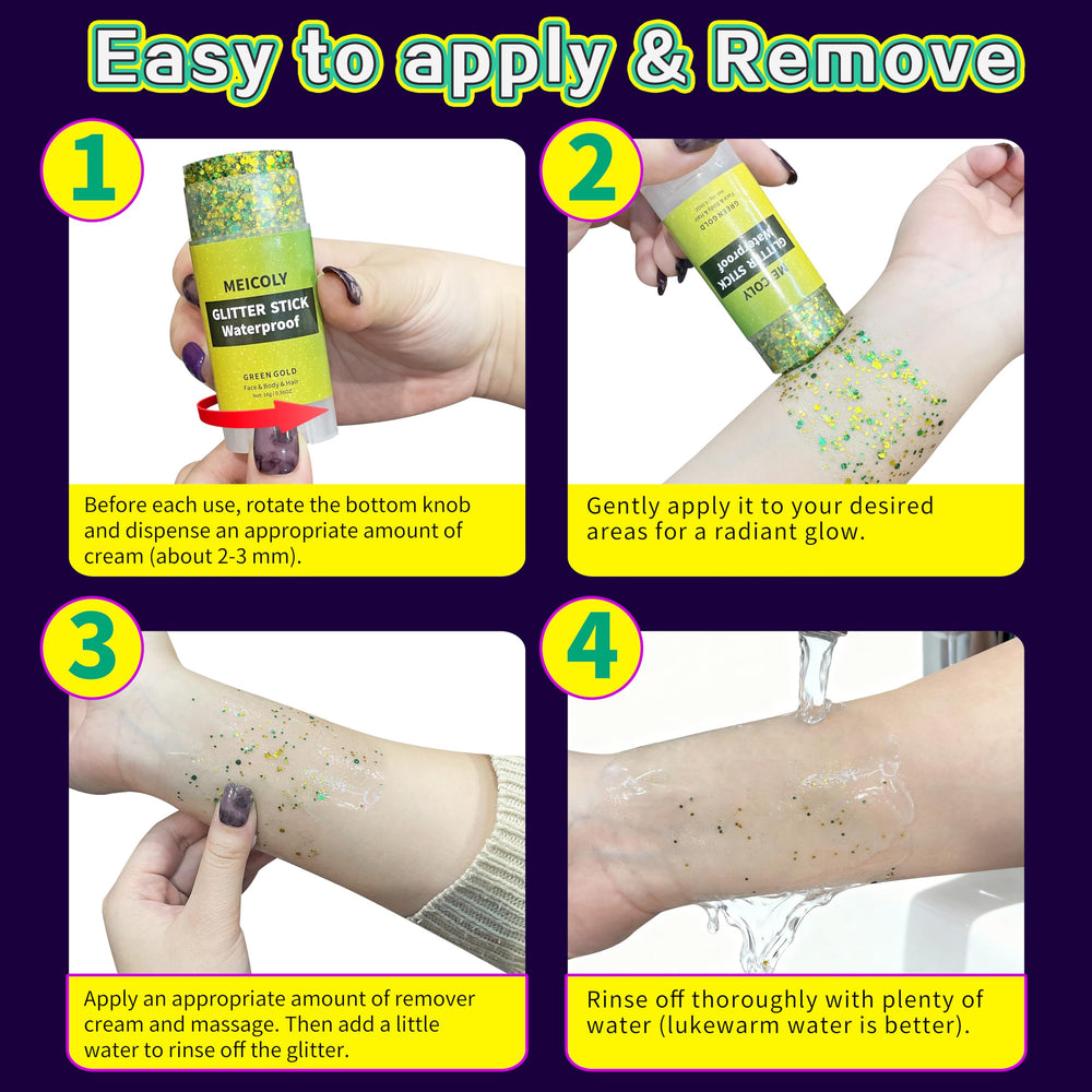 MEICOLY Green Glitter Stick uses twist applicator for easy layering.