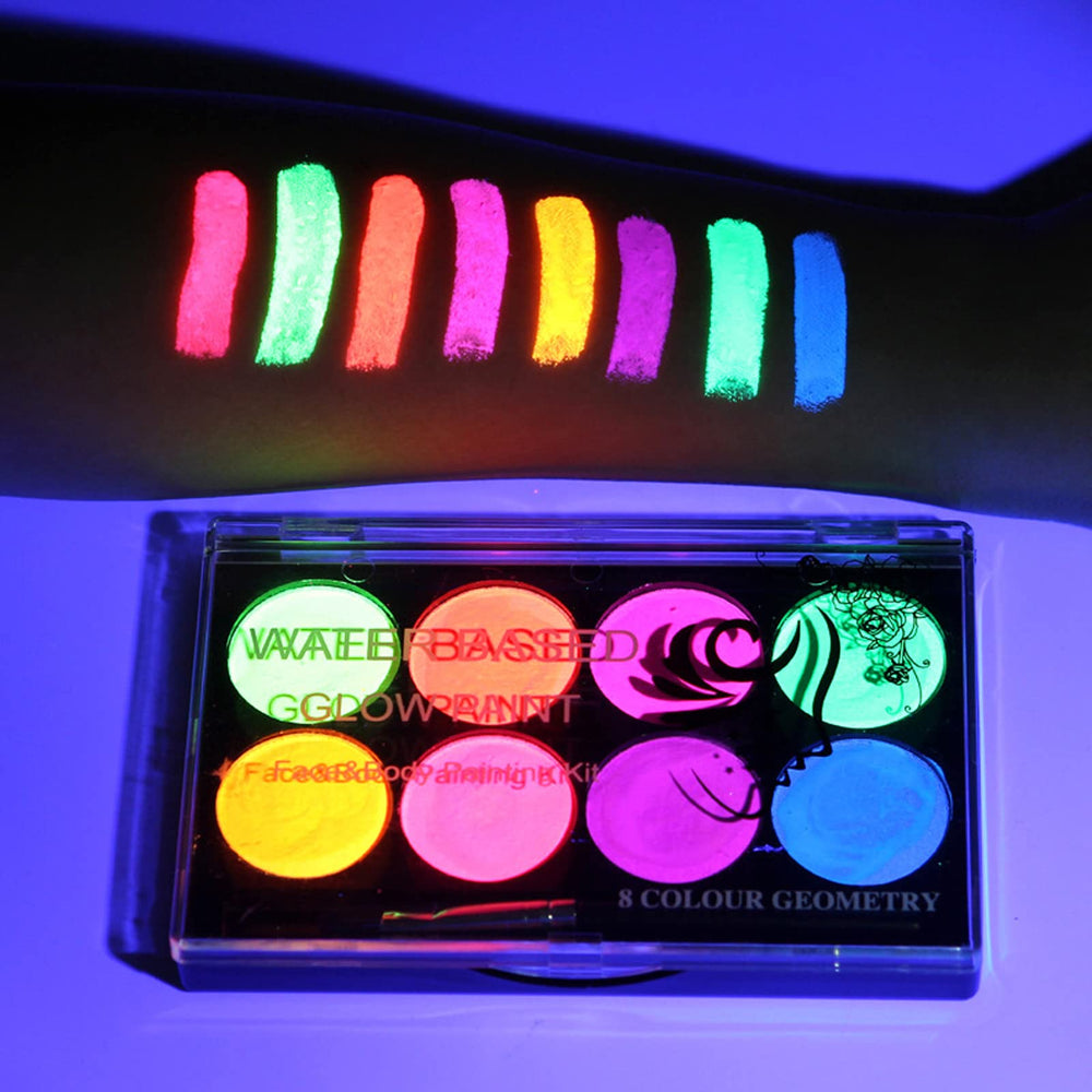 Meicoly Neon Face Paint palette with eight bold colors for bold party looks.
