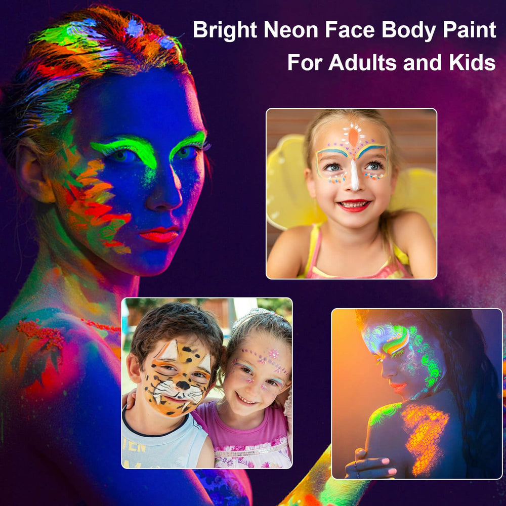 Meicoly Neon Face Paint UV glow under blacklight on a dark surface.