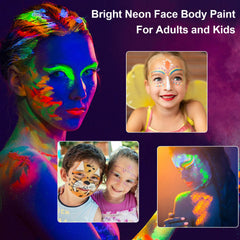 Meicoly Neon Face Paint UV glow under blacklight on a dark surface.