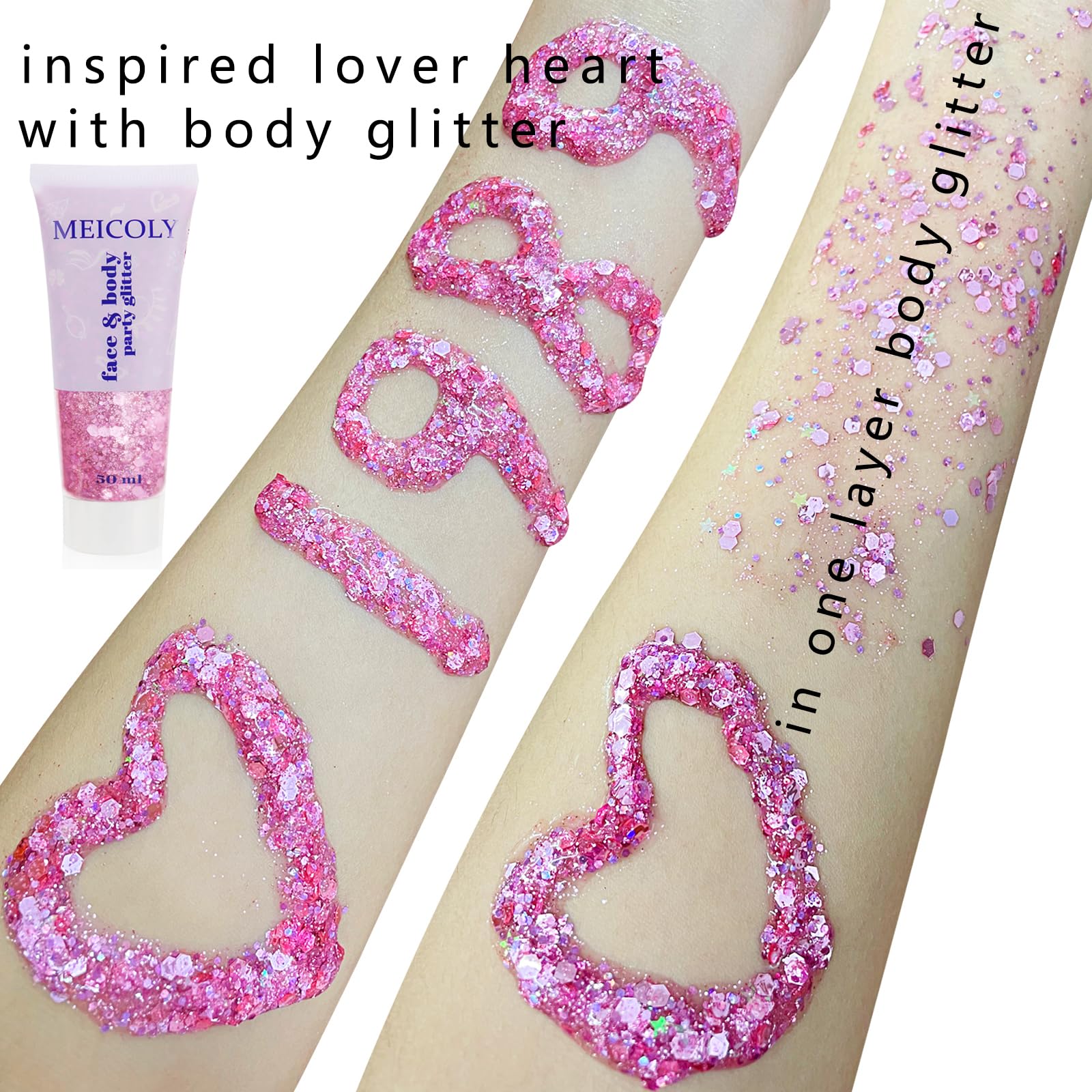 MEICOLY Valentine Pink glitter gel is easy to apply on skin