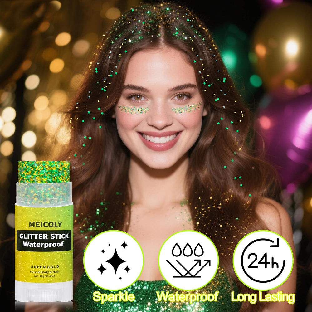MEICOLY waterproof glitter stick resists sweat and heat for lasting sparkle.