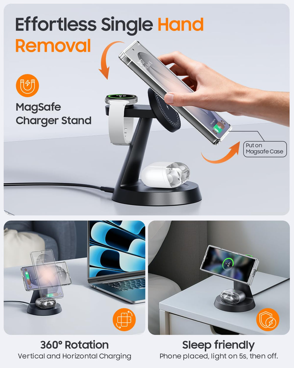 Meifigno anti-slip base design keeps the charger stable on desks.