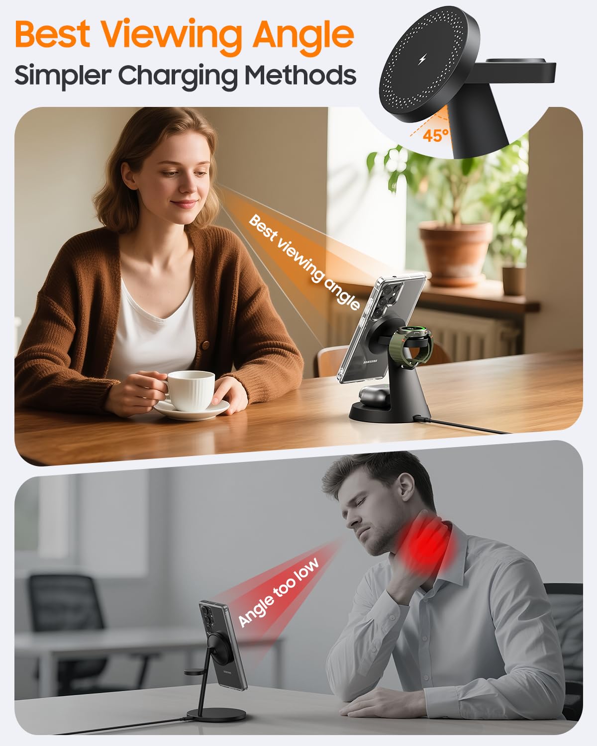 Meifigno magnetic watch charger stand keeps Galaxy Watch secure during charging.