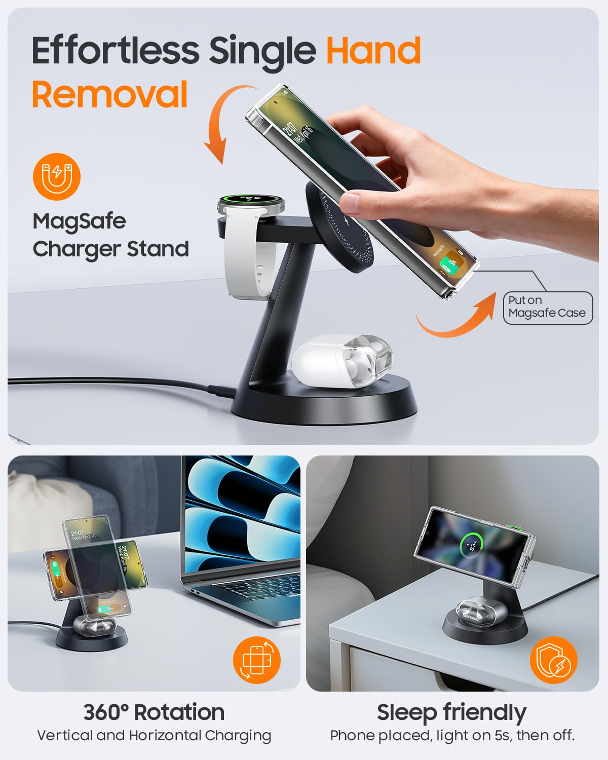 Meifigno buds area angle view reveals a convenient spot for earbuds while other devices charge.