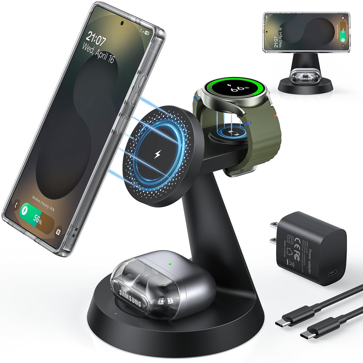 Meifigno magnetic wireless charger front view with precise Samsung 3-in-1 charging alignment.