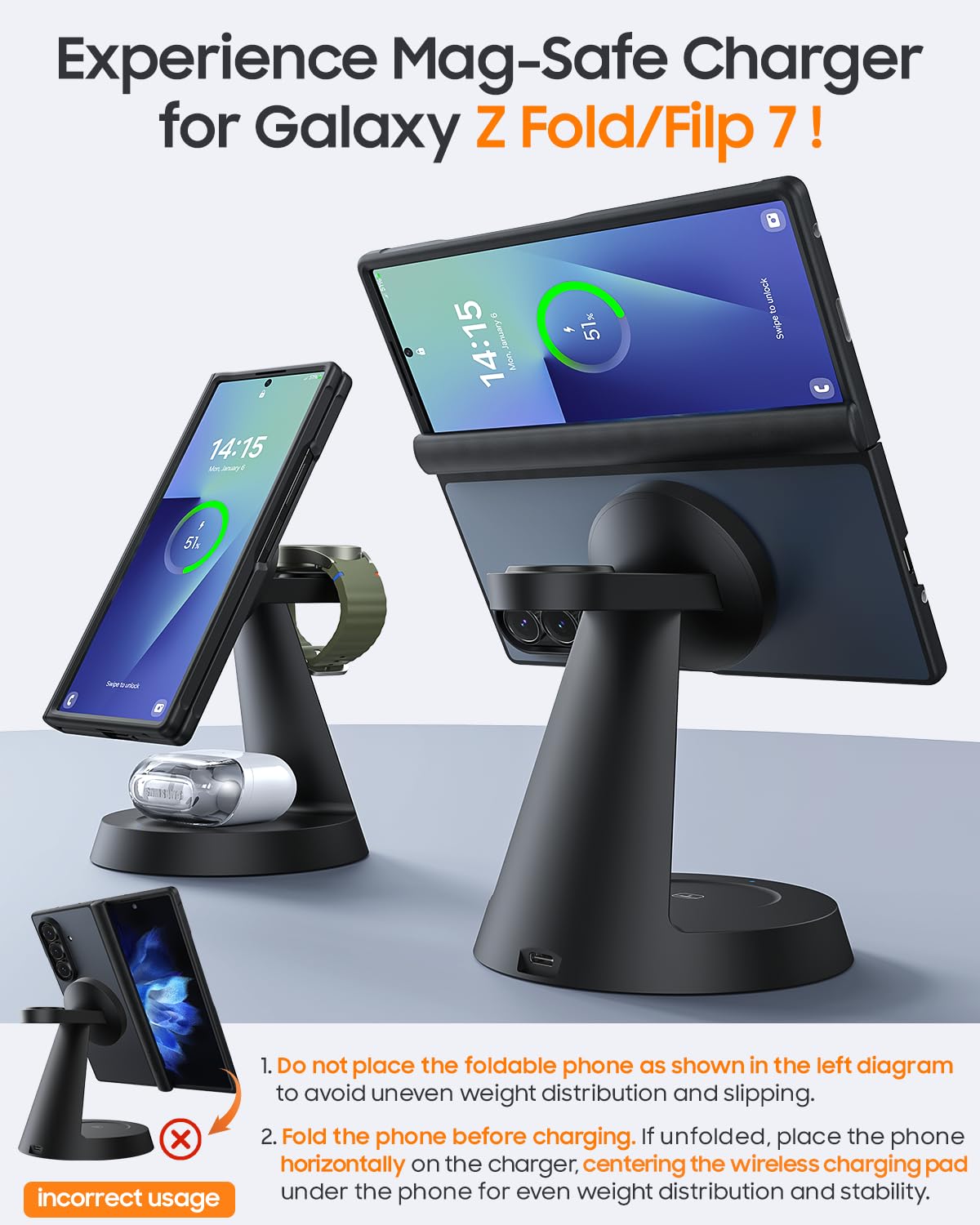 Meifigno magnetic wireless charger side view demonstrates secure magnet alignment for easy setup.