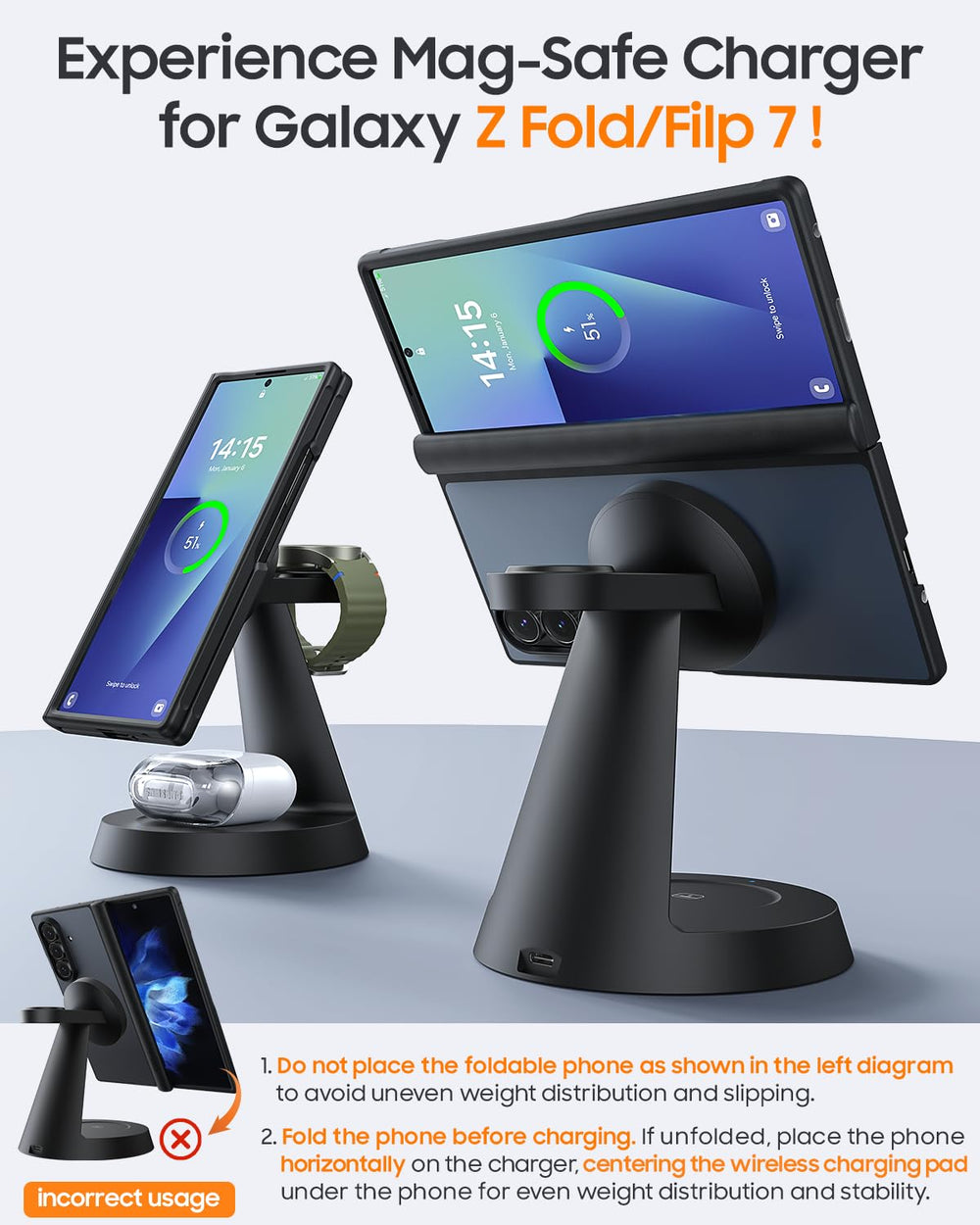 Meifigno magnetic wireless charger side view demonstrates secure magnet alignment for easy setup.