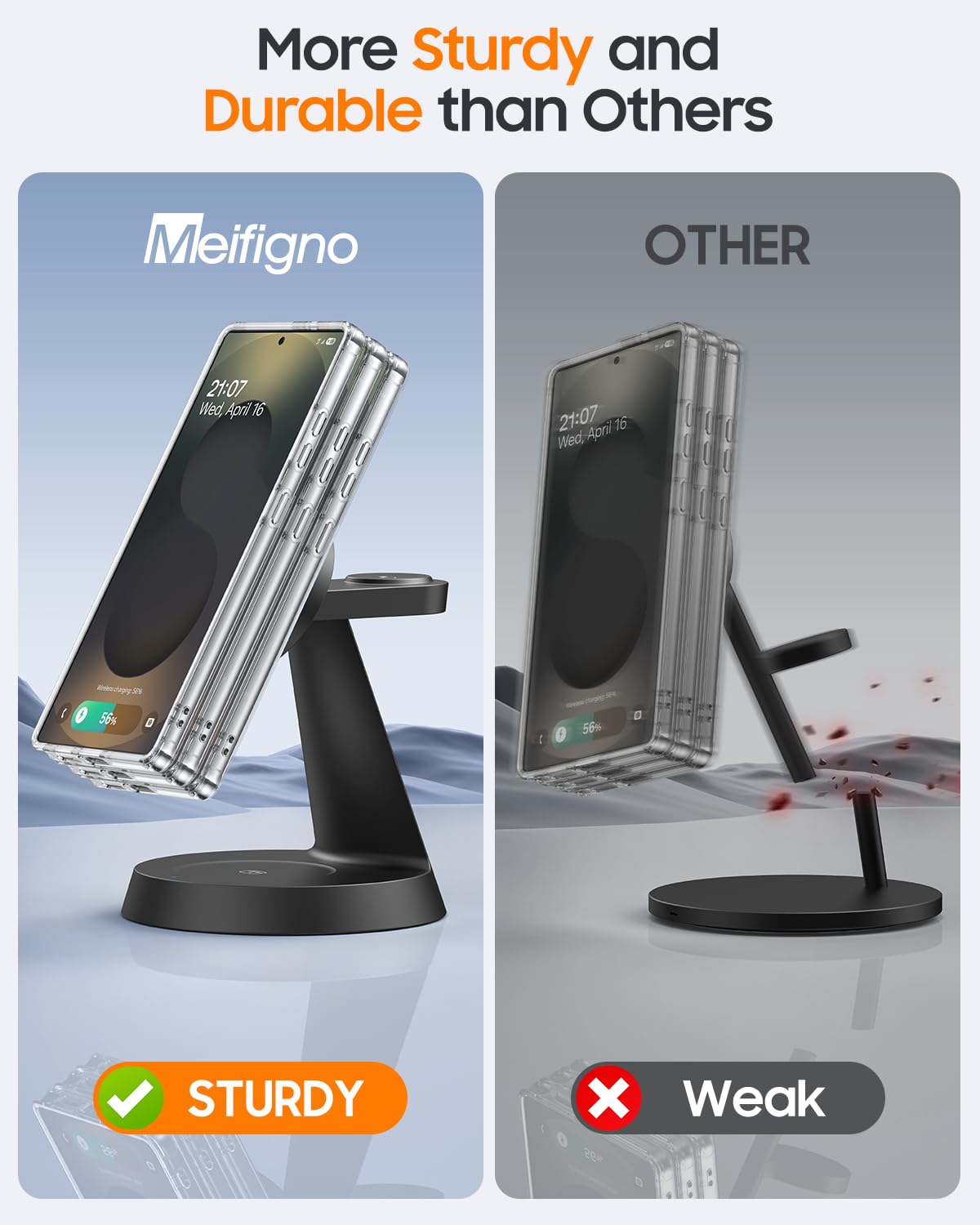 Meifigno watch charging stand top view highlights a dedicated magnetic position for Galaxy Watch.