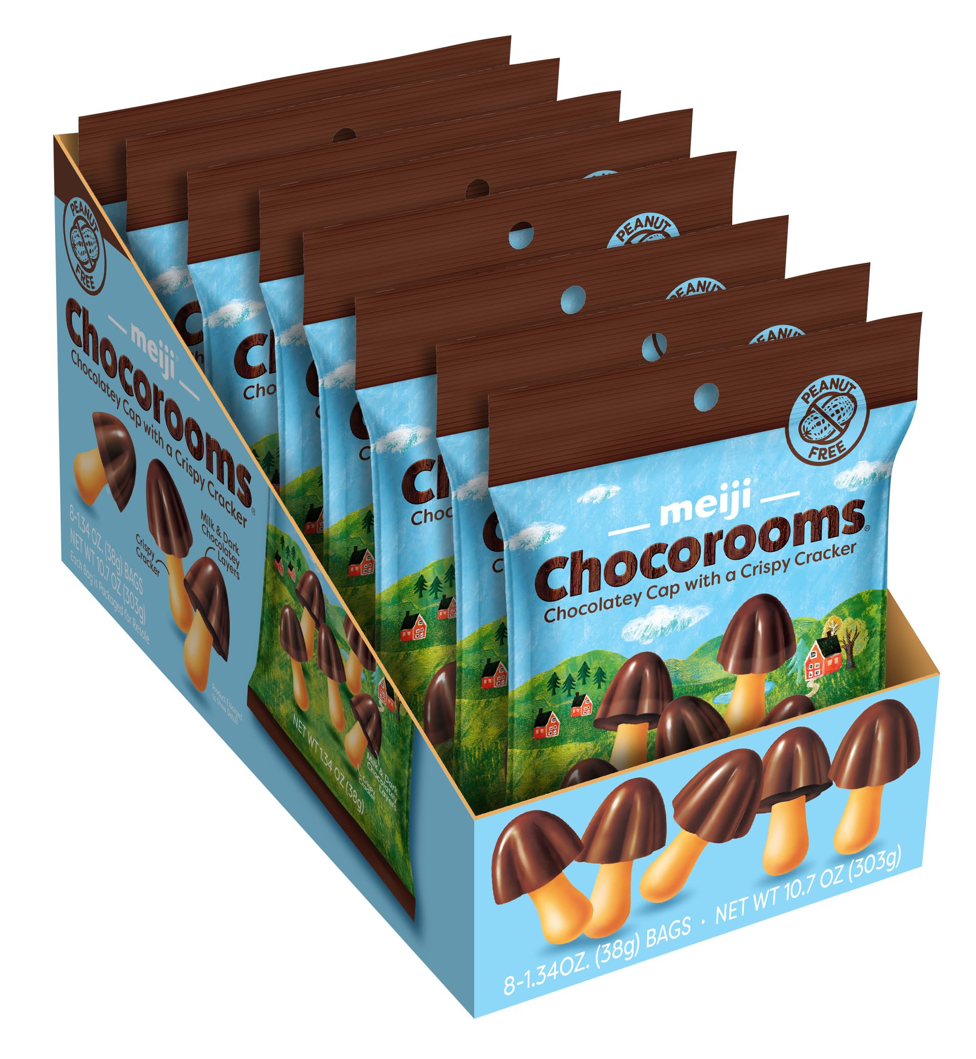 Meiji Hello Panda Chocorooms pack shot with eight 1.34 oz bags for on-the-go snacking.
