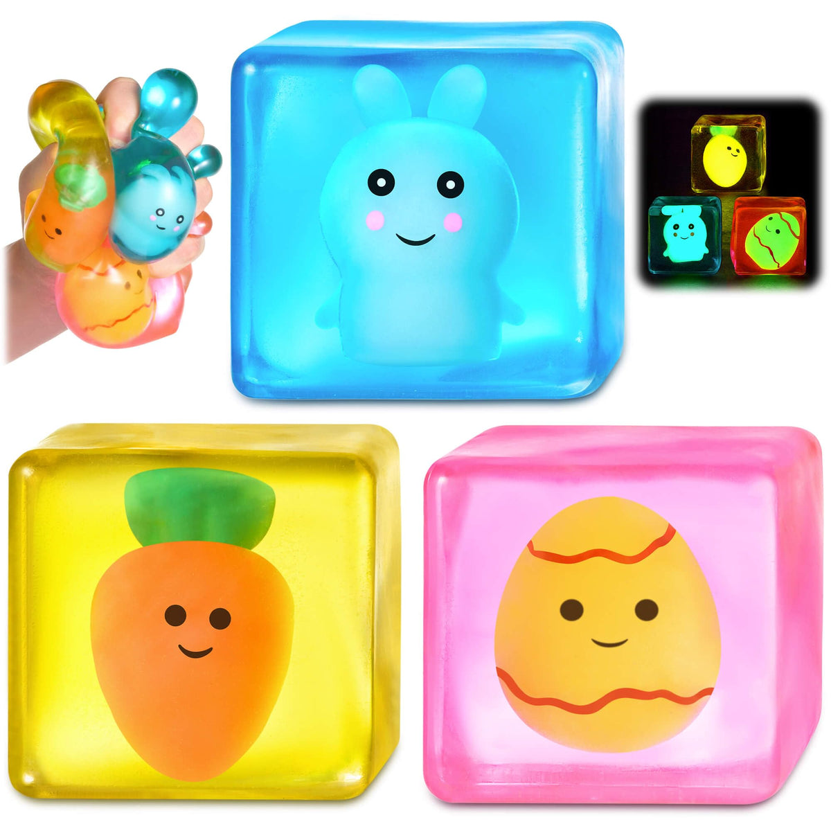 Meijoy Easter glow bunny stress cube with glow-in-the-dark mochi for calming play.