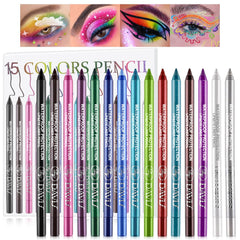 Meilury 15-color eyeliner set in box showcases premium packaging for gifting and storage.