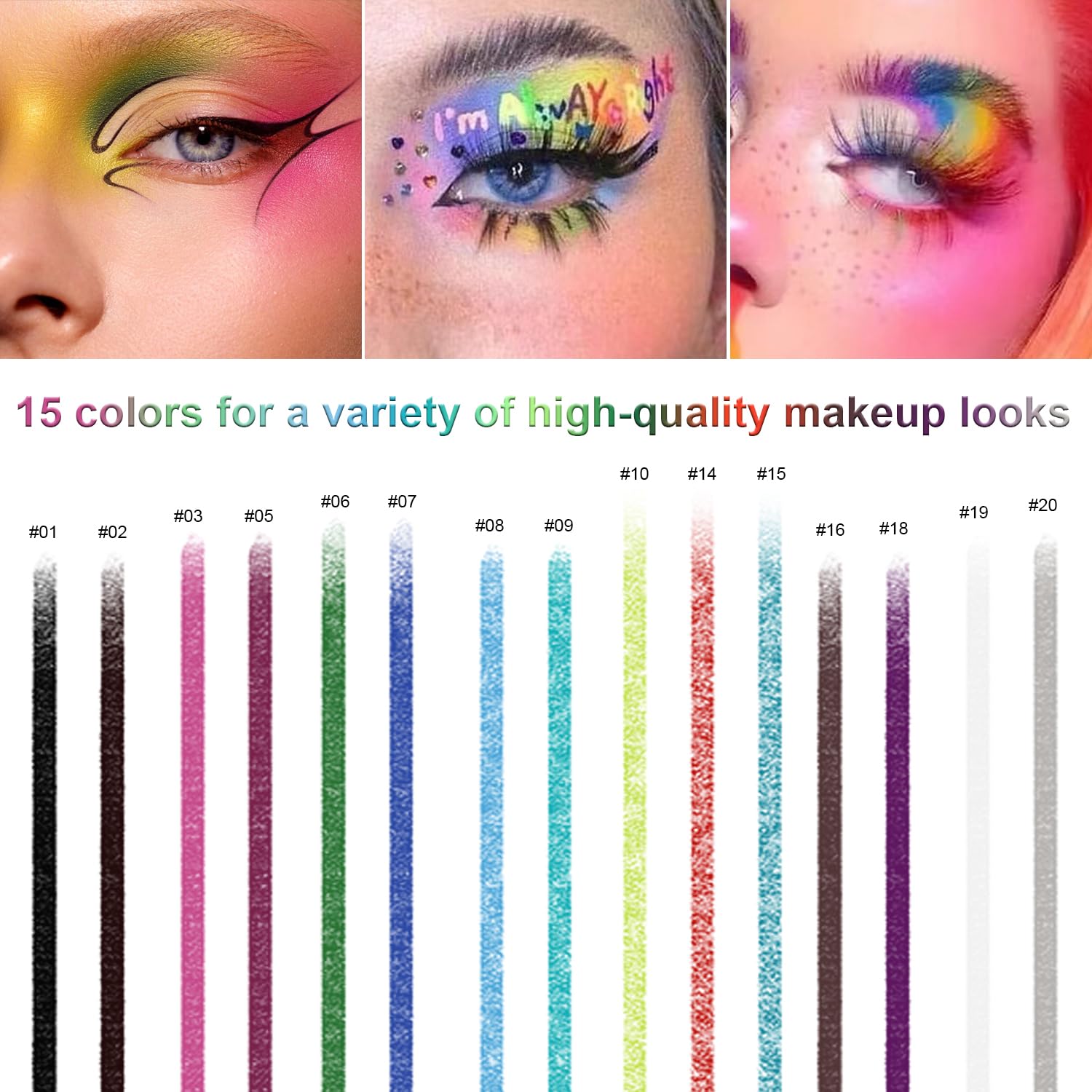 Swatches display Meilury eyeliner colors on the arm for easy shade selection.