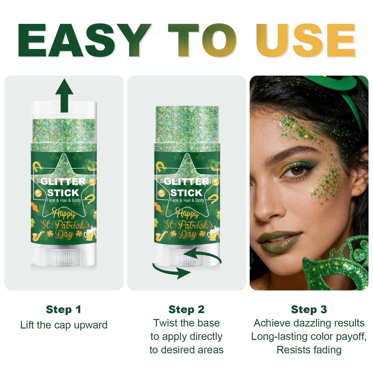 Meilury St Patrick's glitter stick creates shifting iridescence under lights