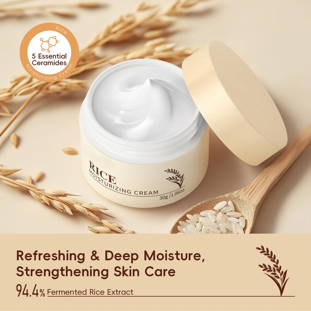 MeiPlumLai Rice Moisturizing Cream texture close-up showing creamy hydration