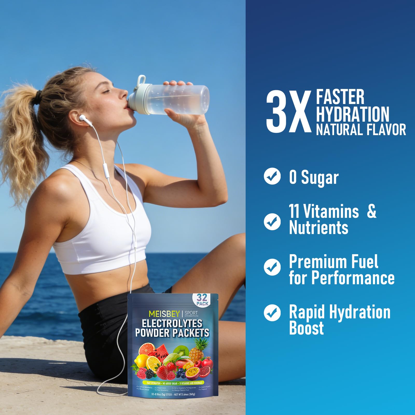 Meisbey electrolyte powder berry-raspberry-pomegranate stick packs fruity hydration.