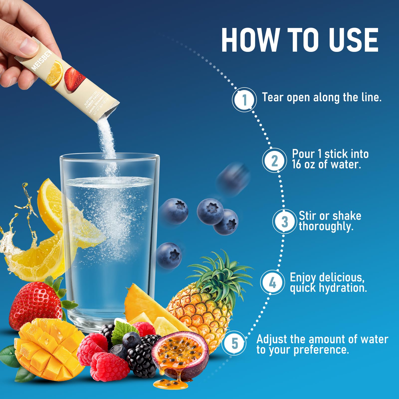 Meisbey electrolyte powder mango-passion-fruit stick delivers vibrant hydration.