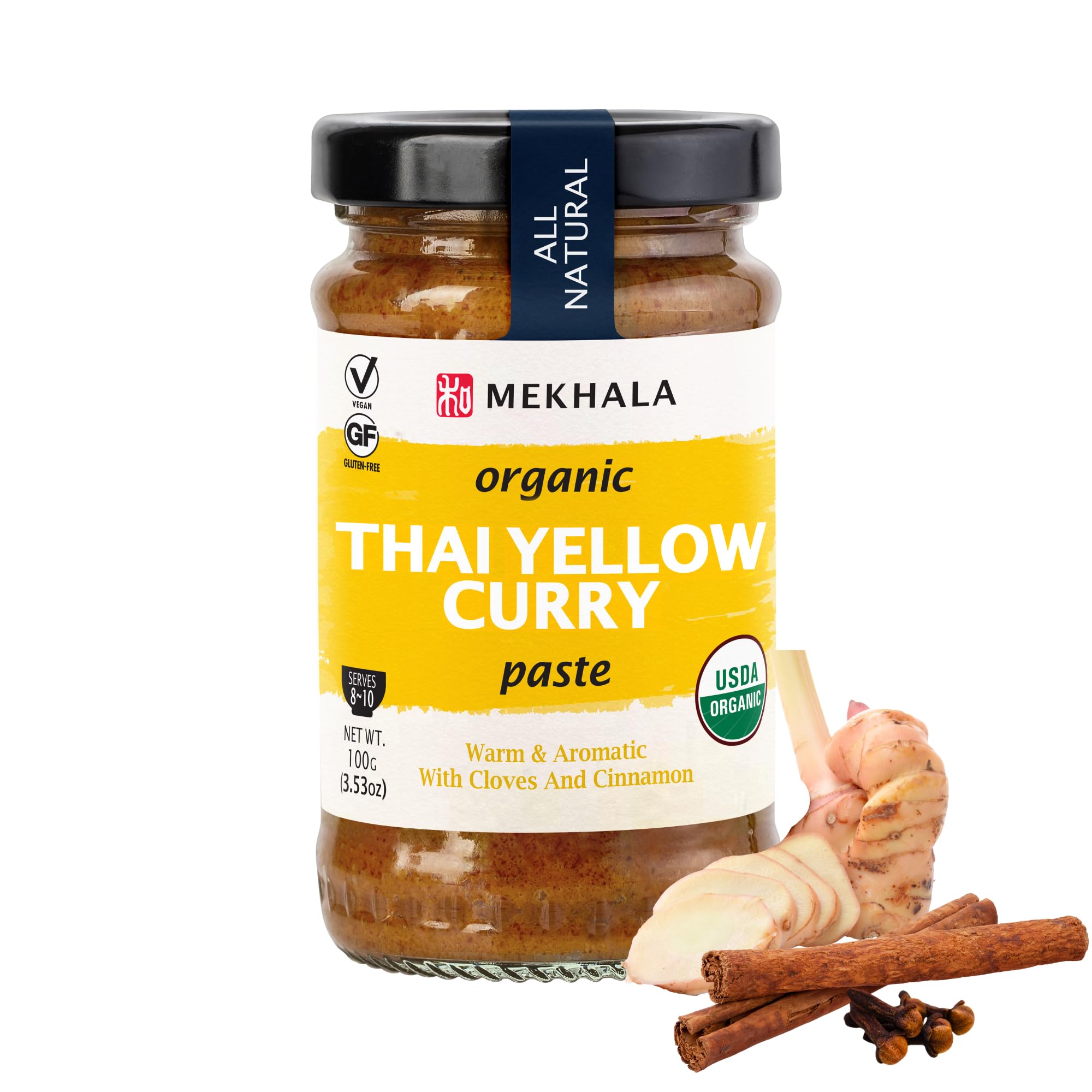 Mekhala Yellow Curry Paste jar showing rich turmeric and chili flavors for quick curries