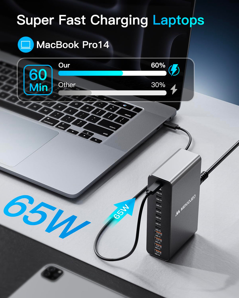 MEKIOJEO 12-port charging station laptop port in use powering a MacBook.