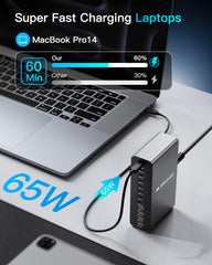 MEKIOJEO 12-port charging station laptop port in use powering a MacBook.
