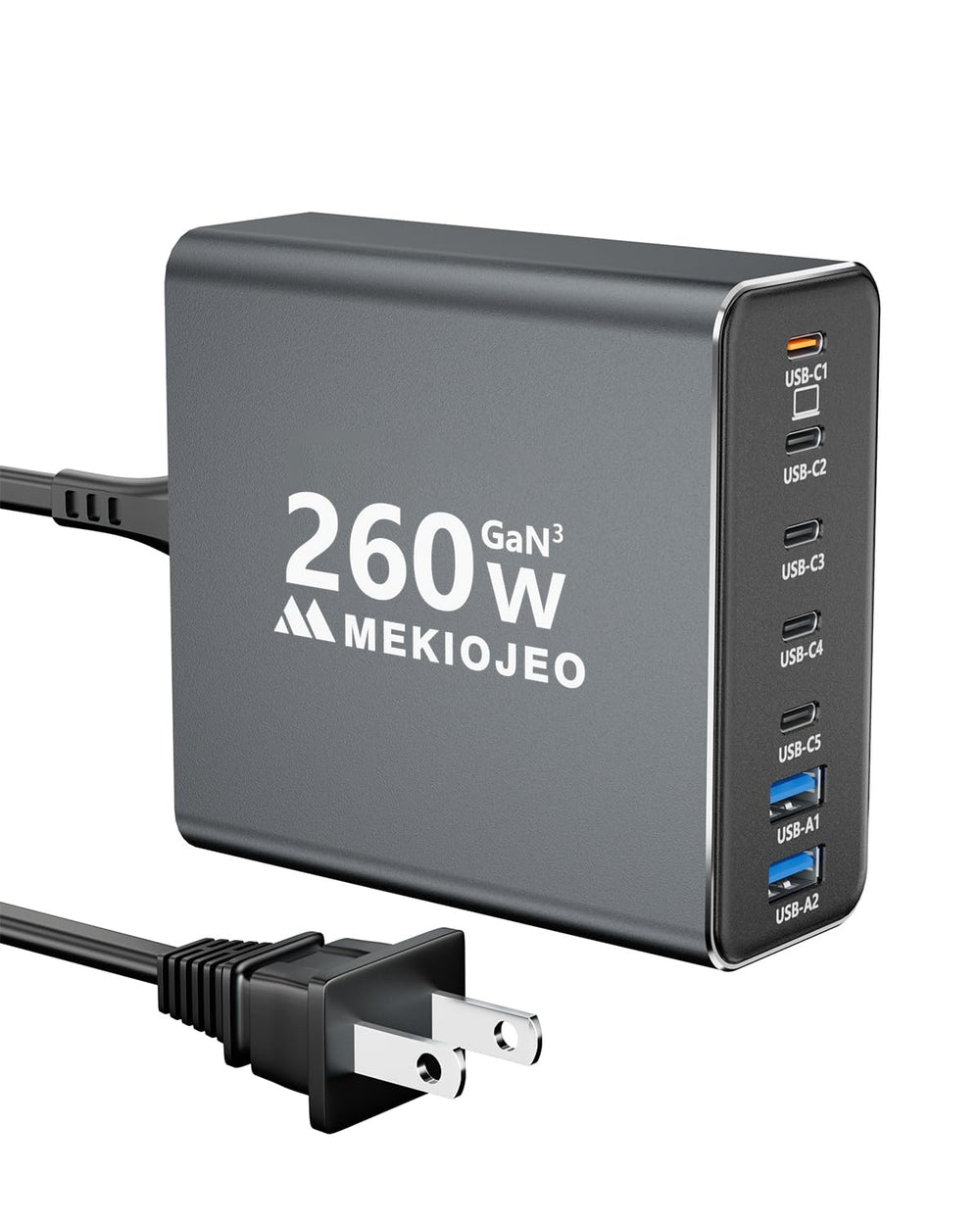 MEKIOJEO 260W GaN charger front view with seven ports for fast multi-device charging.