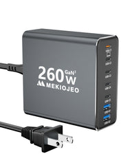MEKIOJEO 260W GaN charger front view with seven ports for fast multi-device charging.