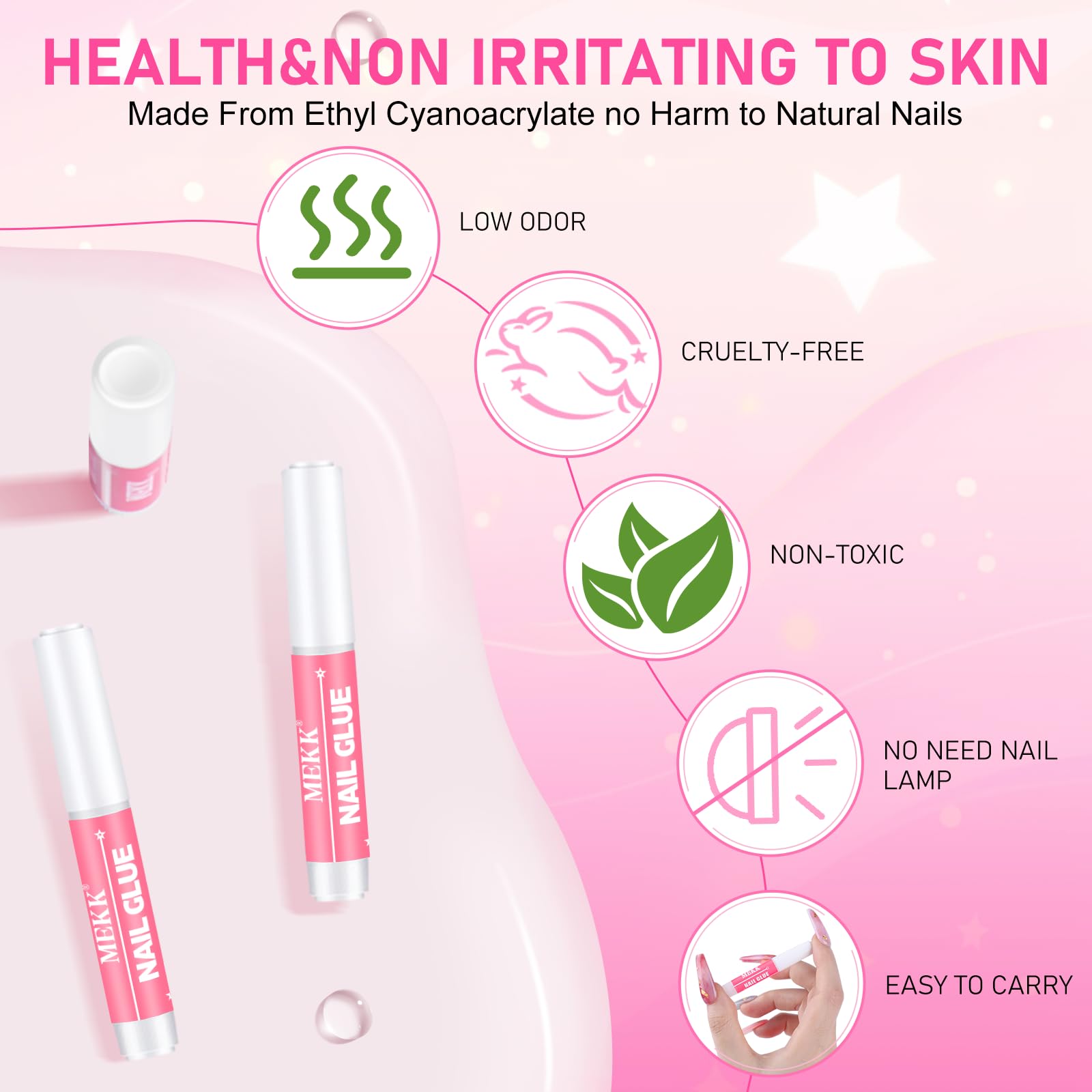 MEKK Nail Glue dries transparent for crystal-clear finish