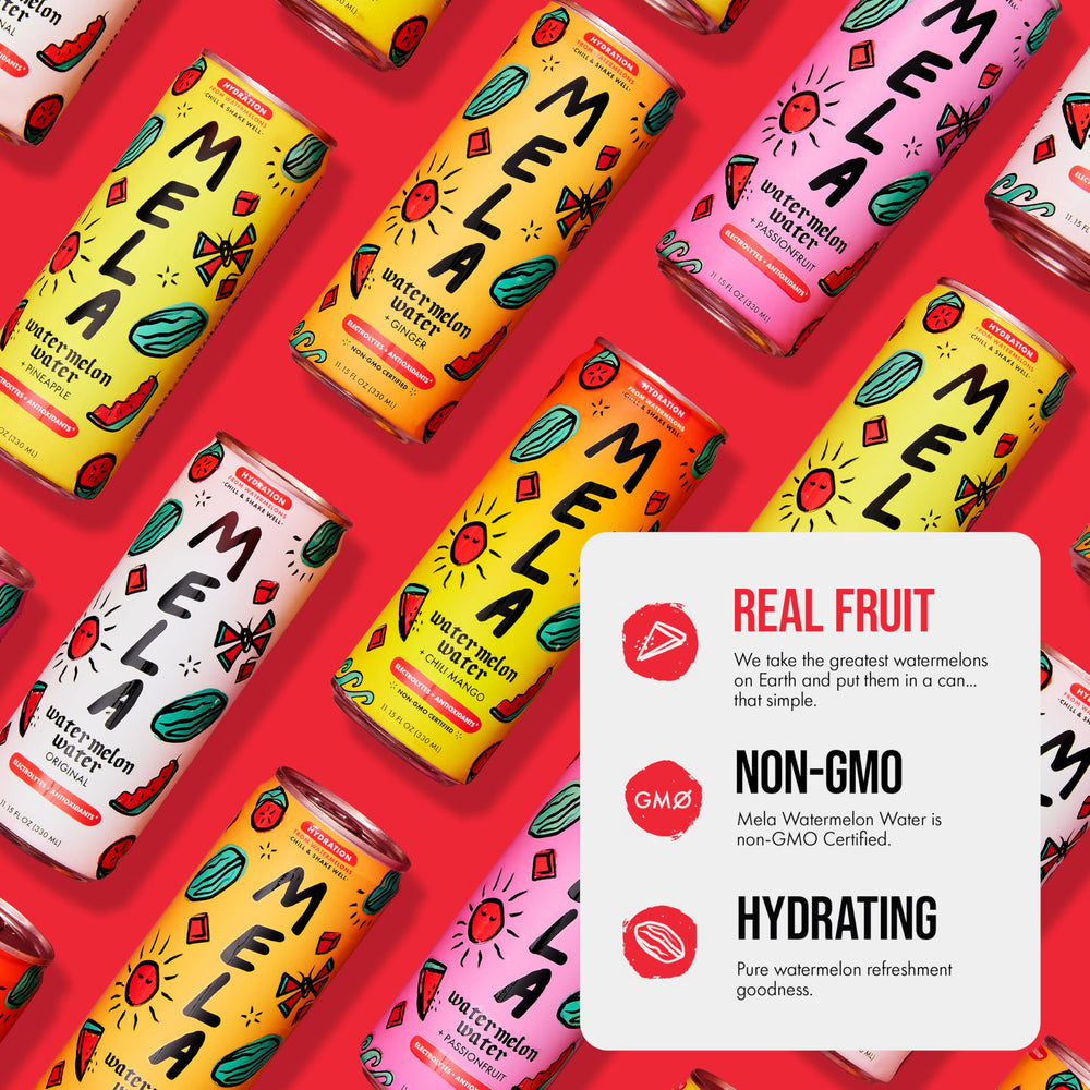 Mela Watermelon Water 12-pack display—gluten-free, plant-based hydration on the go.