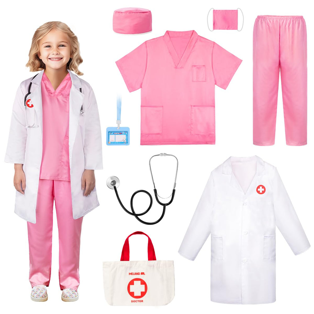 Meland doctor costume pink scrubs and coat for imaginative play