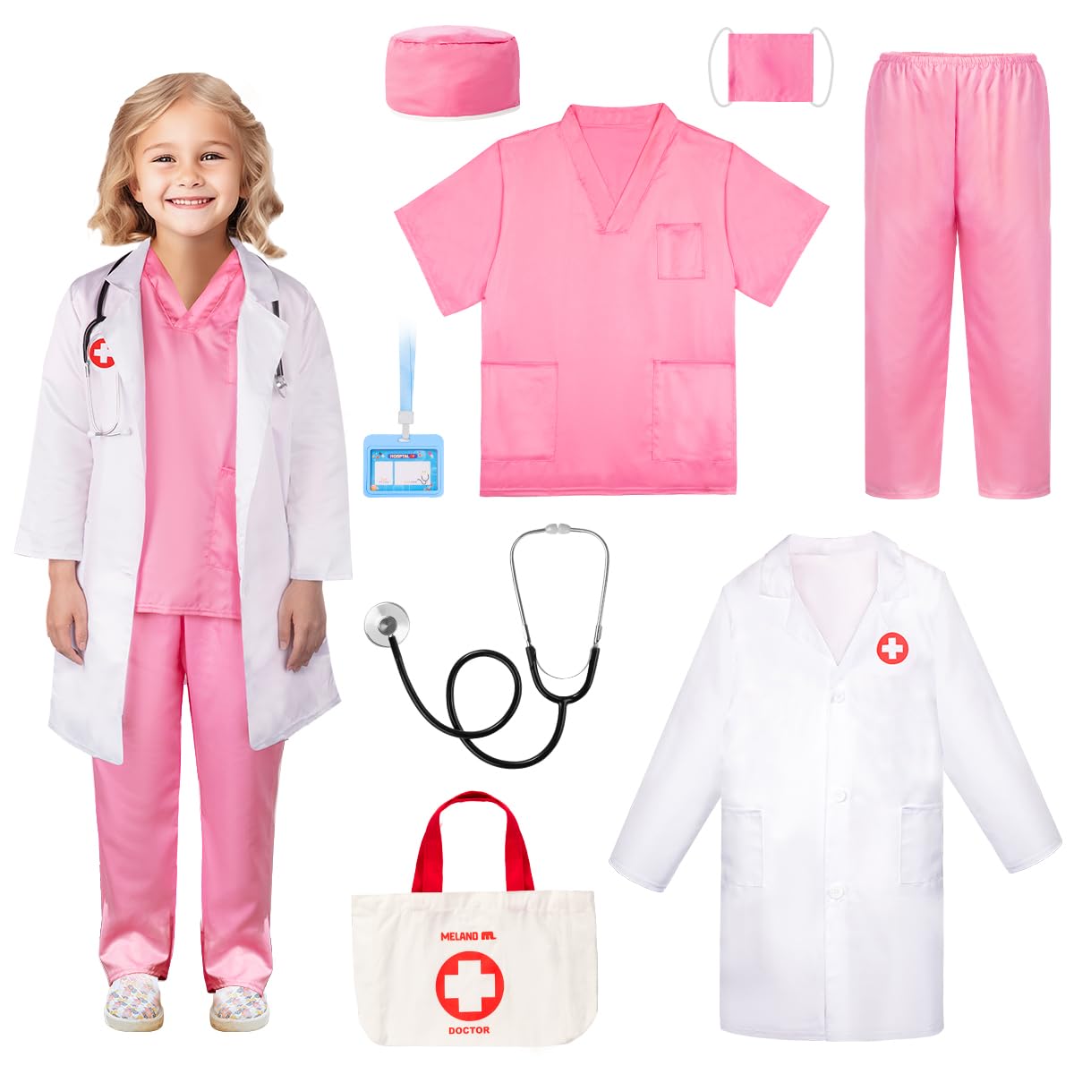 Meland doctor costume pink scrubs and coat for imaginative play