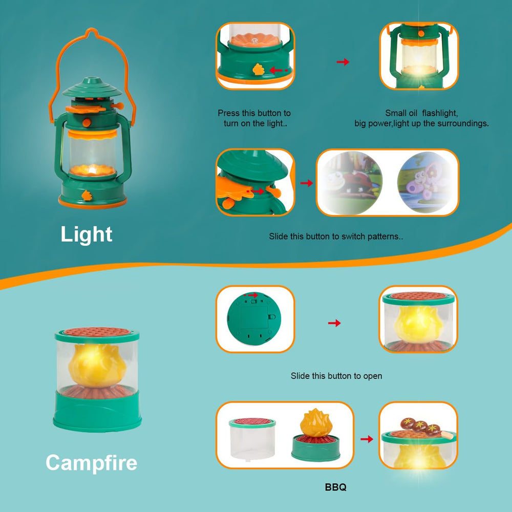 Meland oil lamp adds soft glow for safe indoor camping scenes.