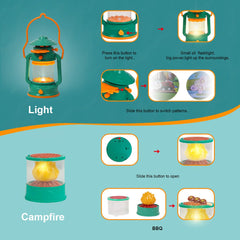 Meland oil lamp adds soft glow for safe indoor camping scenes.