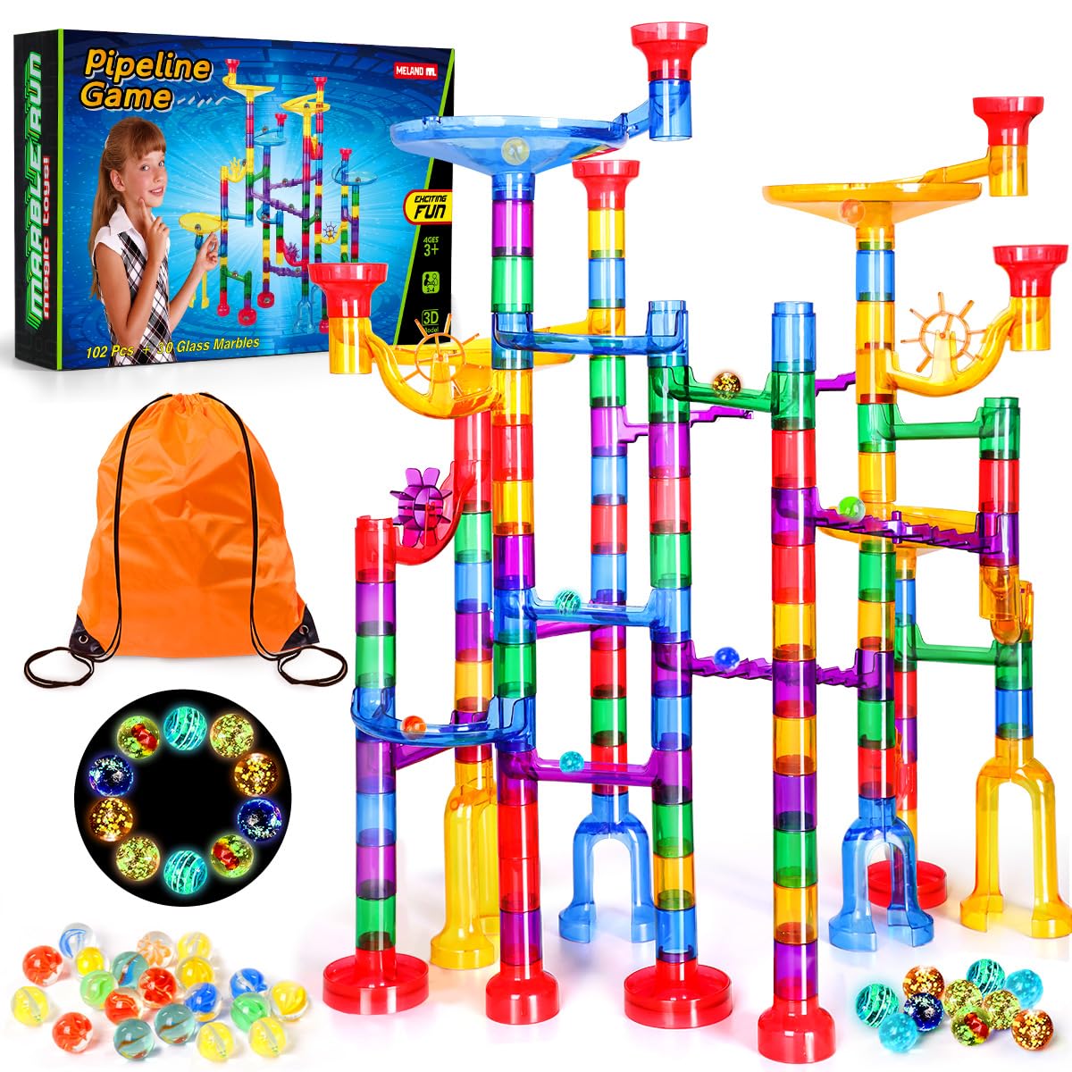 Meland Marble Run translucent pieces for vivid STEM building play.