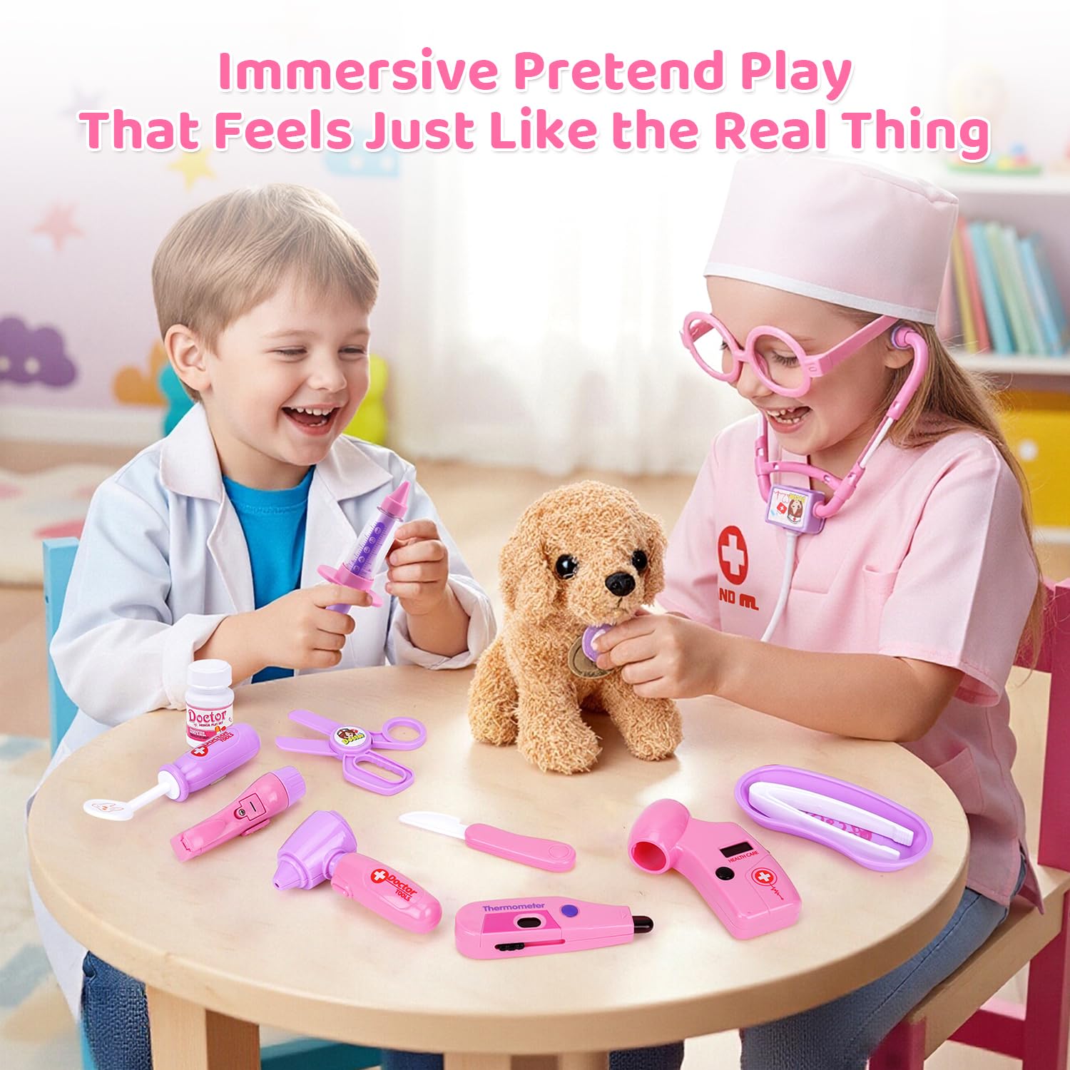 Meland dog toy joins caring doctor role-play sessions.
