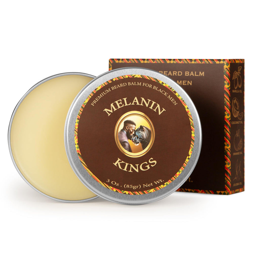 Melanin Kings beard balm jar closeup showing creamy texture for soft beard
