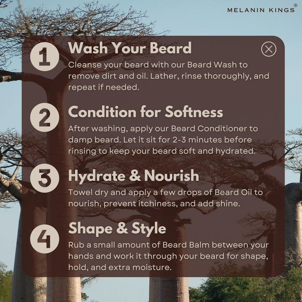 Melanin Kings beard balm packaging display highlighting premium ingredients