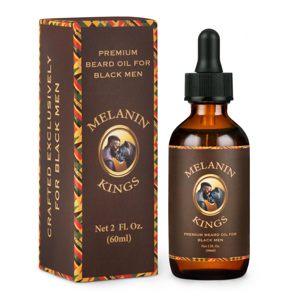 Melanin Kings Beard Oil bottle with Kenyan sandalwood scent for hydrated beard