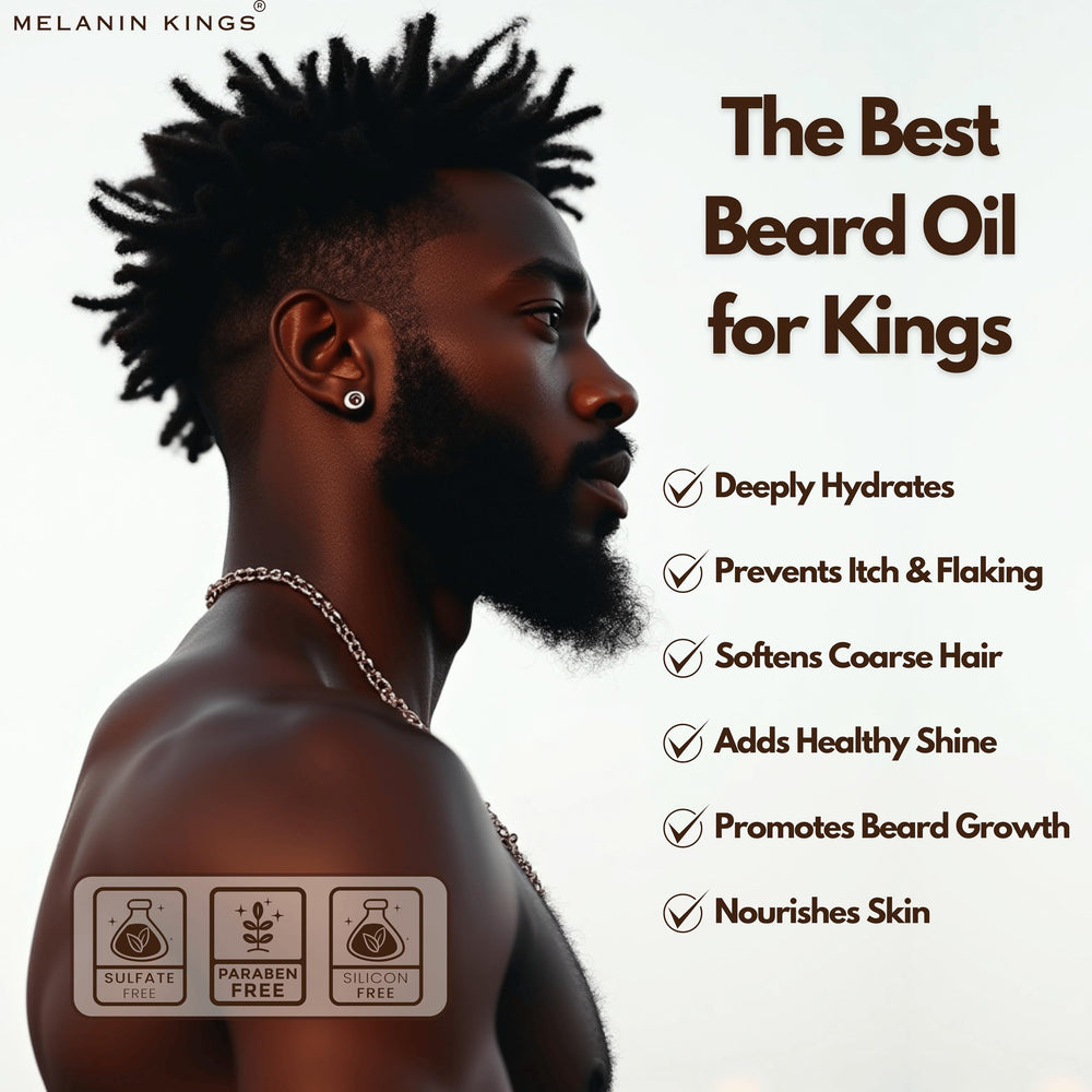 Melanin Kings oil drop on beard illustrates frizz control in daily use
