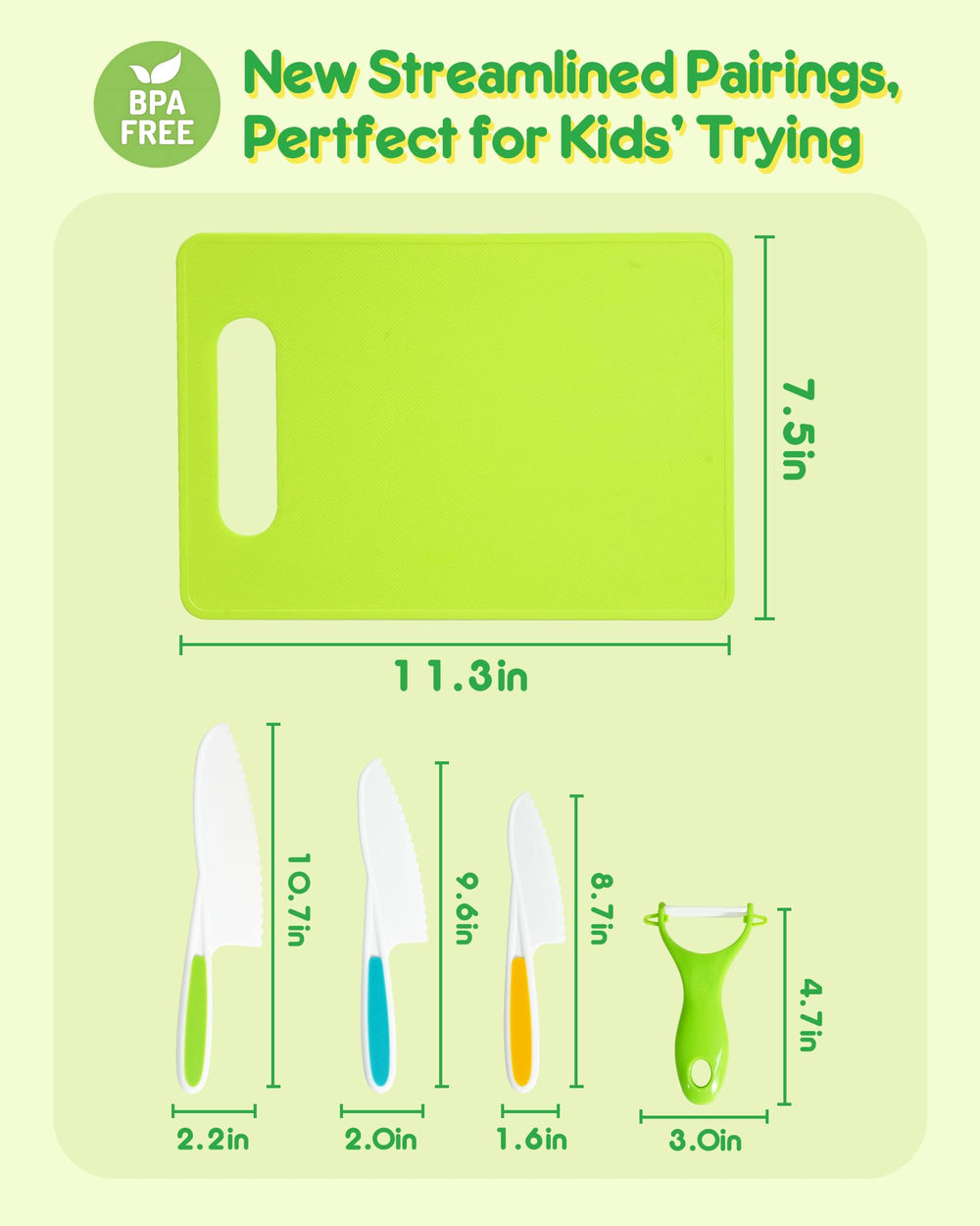 Close-up of Melican Kids Knife Set highlighting BPA-free materials for safe play.