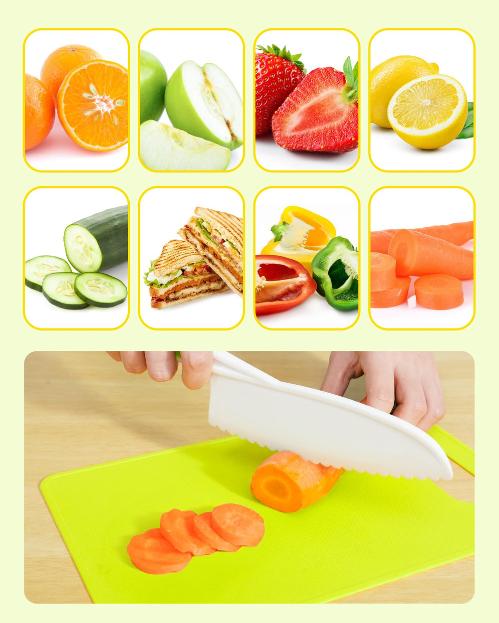 Melican Kids Knife Set cutting board surface supports safe chopping practice.