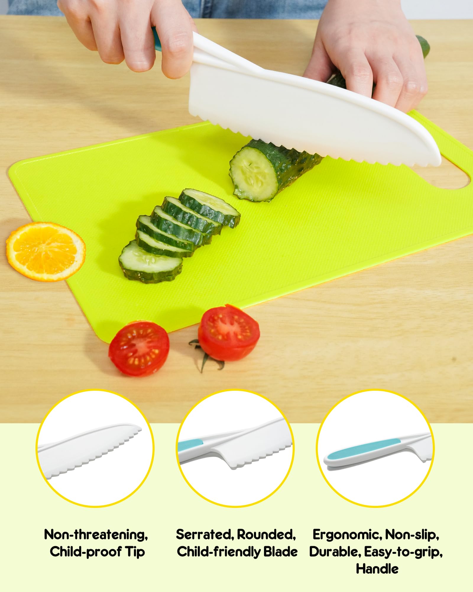 Melican Kids Knife Set includes peeler for easy prep and smooth fruit slicing.
